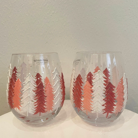 Set Of 2 Stemless Wine Glasses Hand Painted Pink and White Christmas Tree New - Picture 6 of 8